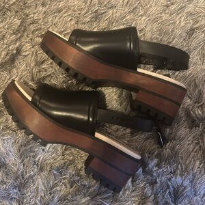 Black sandals with brown wood platform heel - never worn